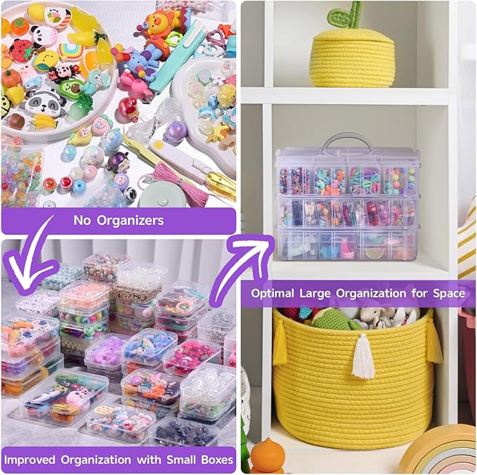 Funtopia Bead Organizers and Storage, 56 Pcs Small Plastic Containers with Lids and 3-Tier Stackable Storage Box, Mini Clear 