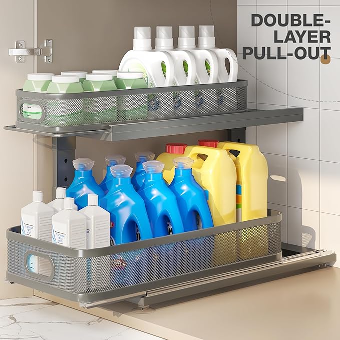 2 Pack 21IN-Depth Under Sink Organizer With Next-Gen Ball-Bearing Slides,2-Tier Precision Mesh Pull Out Cabinet Storage for B