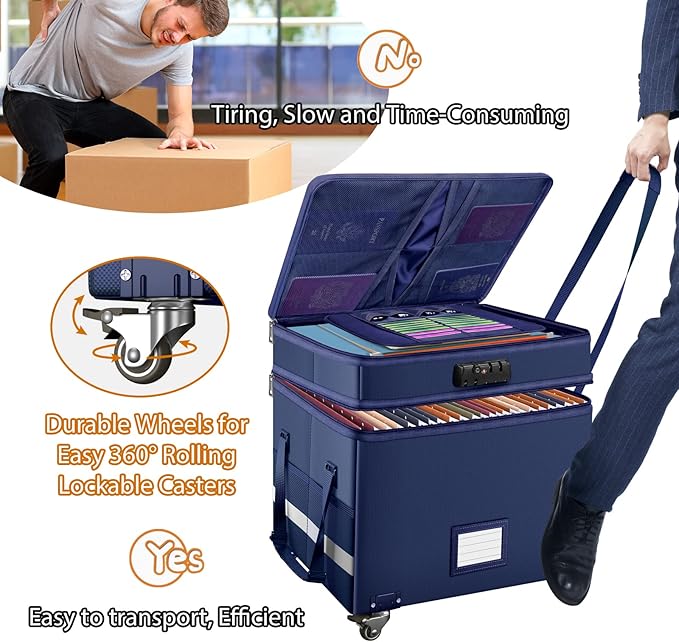 DocSafe File Box with Lock, 2-Layer Fireproof Document Box with Wheels,Collapsible File Storage Organizer with Pockets,Large 