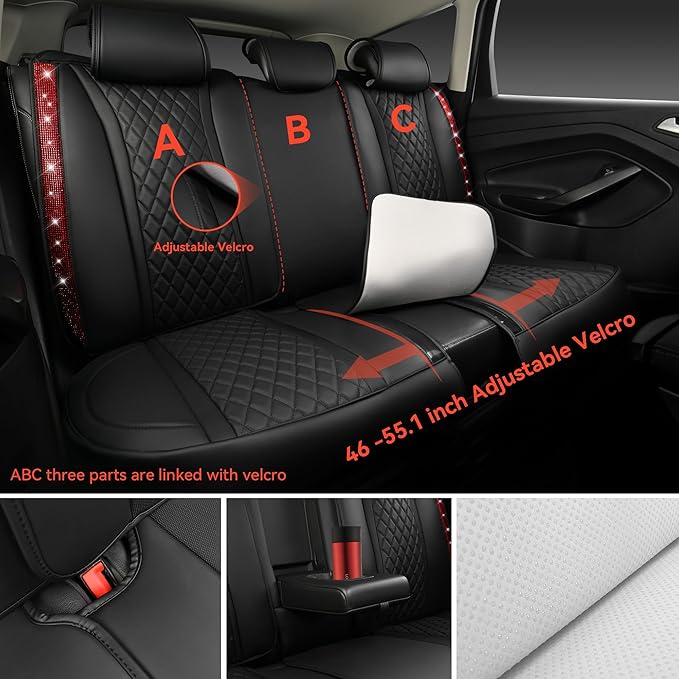 CAR PASS Nappa Leather Bling Diamond Black Red Seat Covers Full Set, Waterproof Calfskin Heavy-Duty Anti-Slip, Universal Fit 