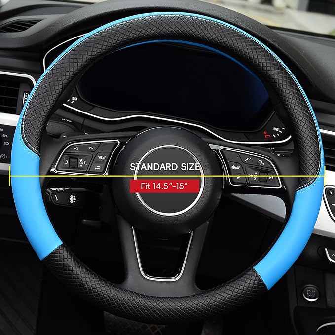 LABBYWAY Steering Wheel Cover, Universal Fit 15 Inch Microfiber Leather Car Wheel Protector, Anti-Slip, Blue