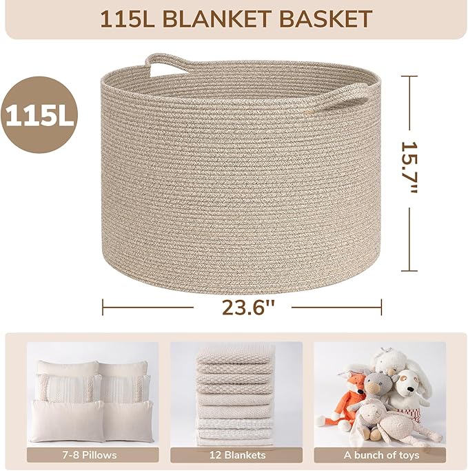 INDRESSME 115L Extra Large Woven Blanket Baskets for Storage, Toy Organizers and Storage Rope Baskets for Boys Girls Kids，Bur