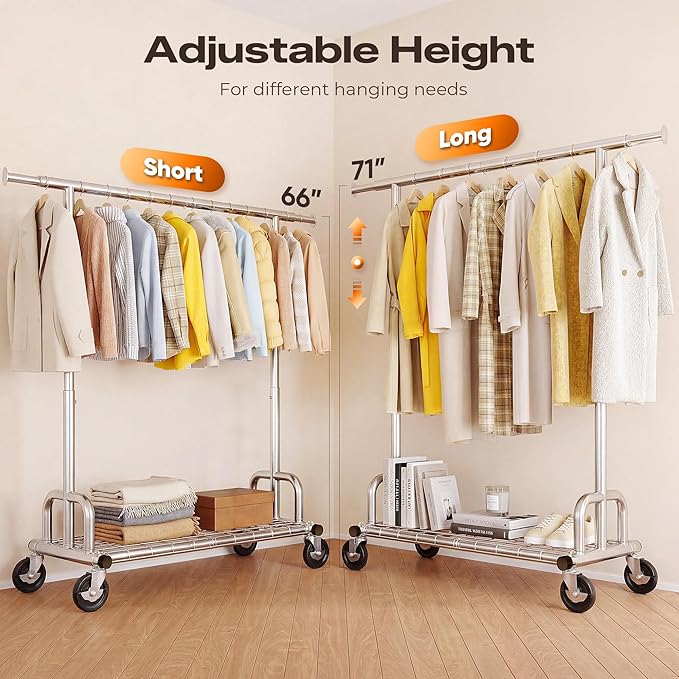 HOKEEPER Heavy Duty Clothes Rack Load 525 LBS, 75''W Adjustable Garment Rack, Rolling Clothing Rack for Hanging Clothes with 