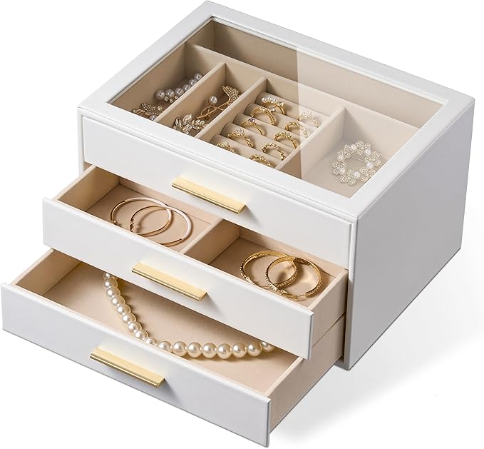 pickpiff Jewelry Box Organizer Case for Women: 3-Layer Jewelry Storage Case with Glass Window, Pure White Leather with Velvet