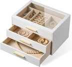 pickpiff Jewelry Box Organizer Case for Women: 3-Layer Jewelry Storage Case with Glass Window, Pure White Leather with Velvet