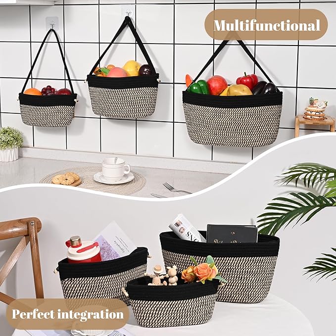 Hanging Storage Baskets, Over the Door Basket, Cotton Wall Baskets Storage, Hanging Door Basket with 4 Hooks