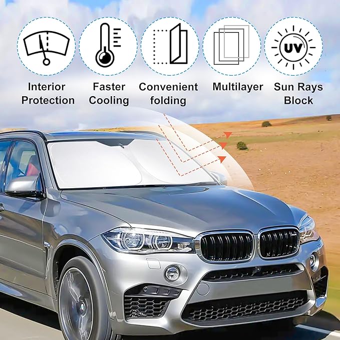 Front Windshield Sun Shade Foldable Car Front Window Sun Shade Windshield Shade Custom Fit for 2014-2018 BMW X5 Block UV Rays Heat Keep Car Cooler