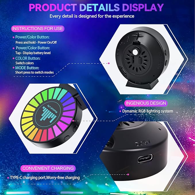 2 Pack Car Interior LED Lights, Round RGB Sound Activated Music Rhythm Light, 10 Color Mood Lighting for Car Decoration, RV, Birthday Gift, Gaming Room, Bedroom