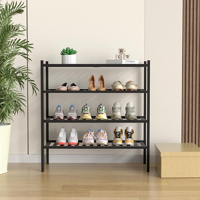 ROMGUAR CRAFT 4 Tier Bamboo Shoe Rack for Closet Free Standing Wood Shoe Shelf for Entryway Small Space Stackable 27"x11"x26"