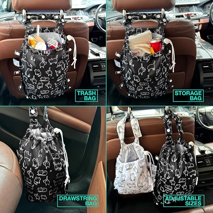 FLOCK THREE Leak-Proof Waterproof Car Trash Bag Foldable Multipurpose Trash bin Container Storage Cute Grocery Organizer Bag for Automotive Front or Back Seat in Cars SUVs and Trucks (Black Cats)