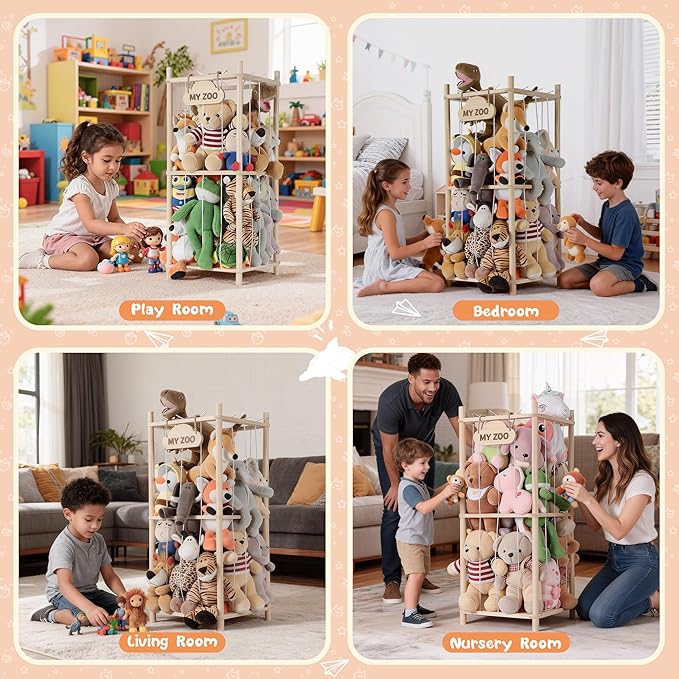 LAMU Stuffed Animal Storage Zoo, Wooden Stuffed Animals Organizer & Holder for Kids with Elastic Cords, Space Saving Plushies