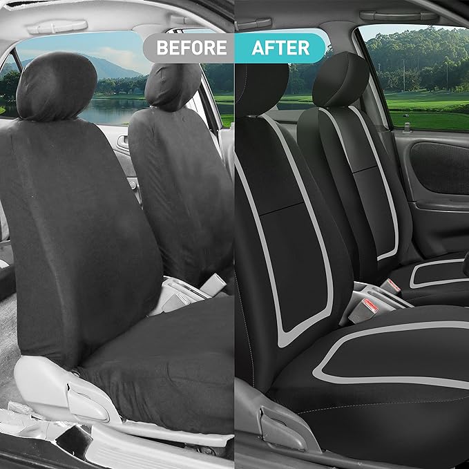 FH Group Unique Flat Cloth Full Set Car Seat Covers w. Silicone Steering Wheel Cover- Universal Fit for Most Cars, Trucks, SUVs or Vans (Gray/Black)