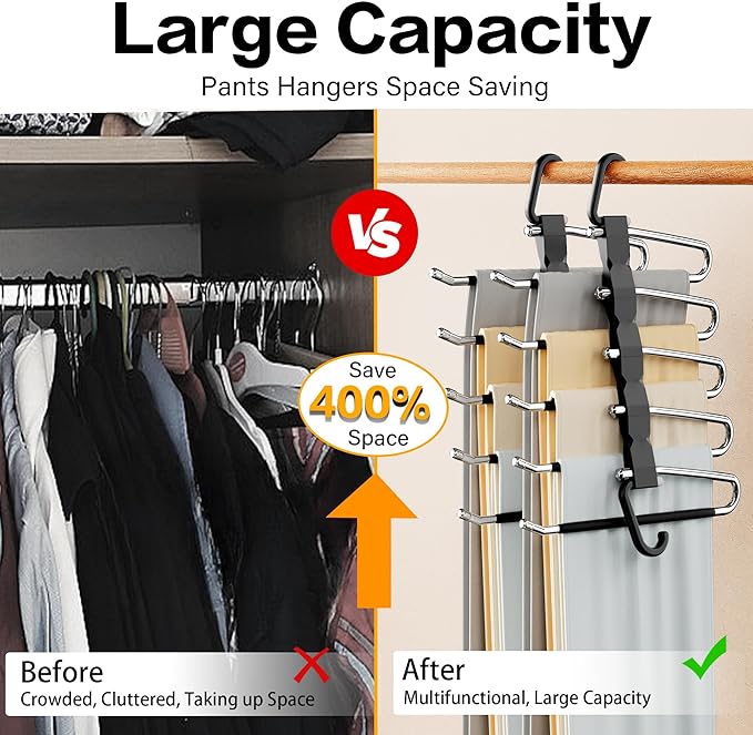 Pants Hangers Space Saving - 4 PCS Closet Organizer and Storage Jean Hangers, Stainless Steel Anti-Slip Clothes Hanger Scarf 