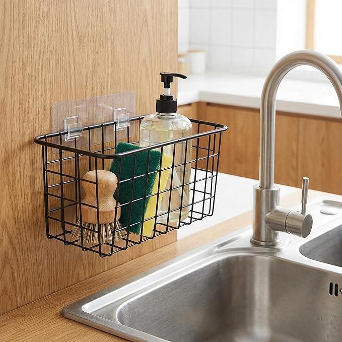 2 Set Adhesive Hanging Wall Basket Inside Cabinet Door Organizer,Wall Storage Basket-No Drilling Adhesive wall Basket for Cup