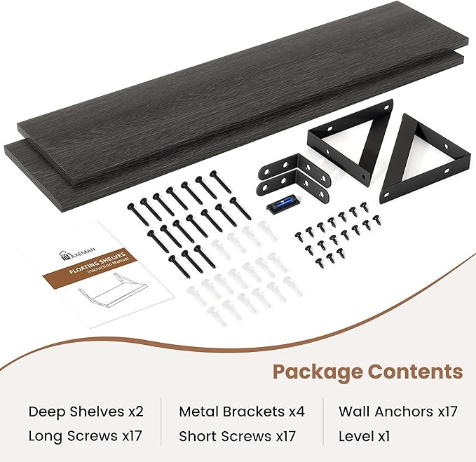 Axeman 55 Inch Floating Shelves | 8 Inch Deep Black Wall Shelves Set of 2 | 55" W x 8" D Rustic Black Wood Shelves for Bathro