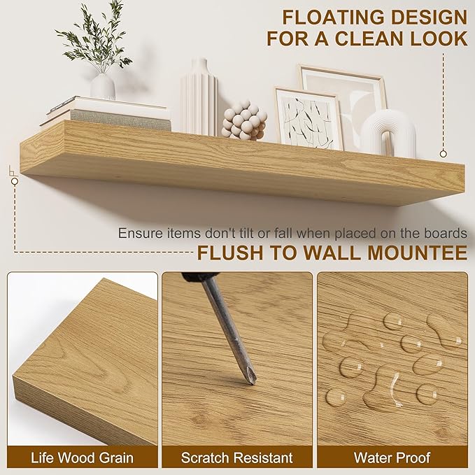 Fun Memories Floating Shelves for Wall, 20Inch Floating Shelves Set of 2, Hanging Shelf with Invisible Brackets, Wood Shelves