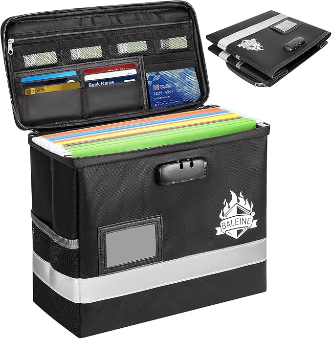 BALEINE Fireproof Document Box with Lock, Portable Fireproof Document Bag Waterproof Fire Proof File Boxes for Documents, Fil