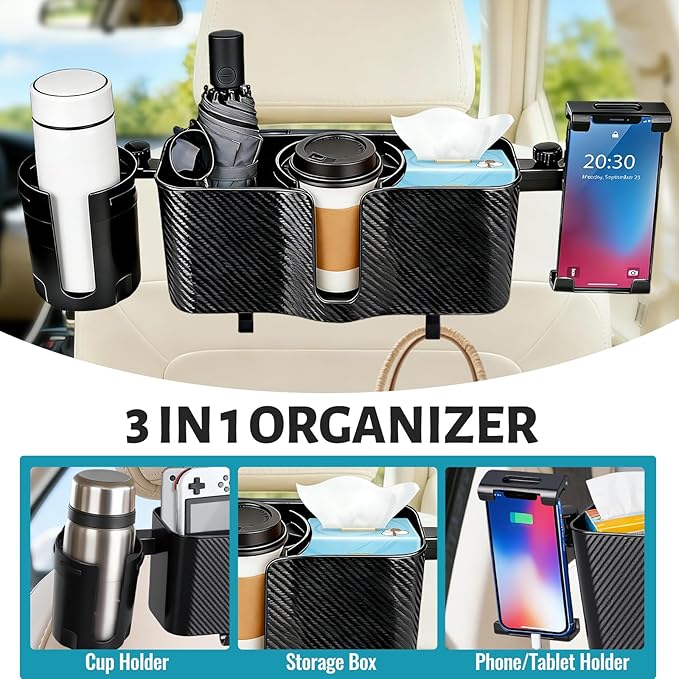3-in-1 Car Back Seat Organizer Headrest Mount - Adjustable Storage Box with Cup Holder & Tablet Phone Holder for 5-13 Inch Devices, Fits Headrest Posts 0.6in Diameter & 4.2-5.7in Spacing