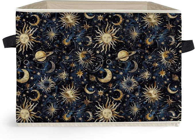 Boho Witchy Sun and Moon Storage Box Bins, Mystical Celestial Space Galaxy Collapsible Storage Basket Organizer for Bedroom L