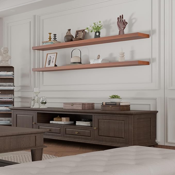 IEO Long Wooden Floating Shelves for Room Wall, Natural Wood Floating Shelves Wall Mounted Kitchen Shelf for Living Room, Bed