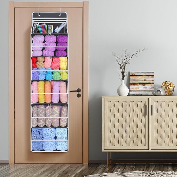 Univivi Hanging Yarn Storage Organizer with 6 Zipper Closure Compartments, Large Capacity Knitting Organizer Storage, Over Th