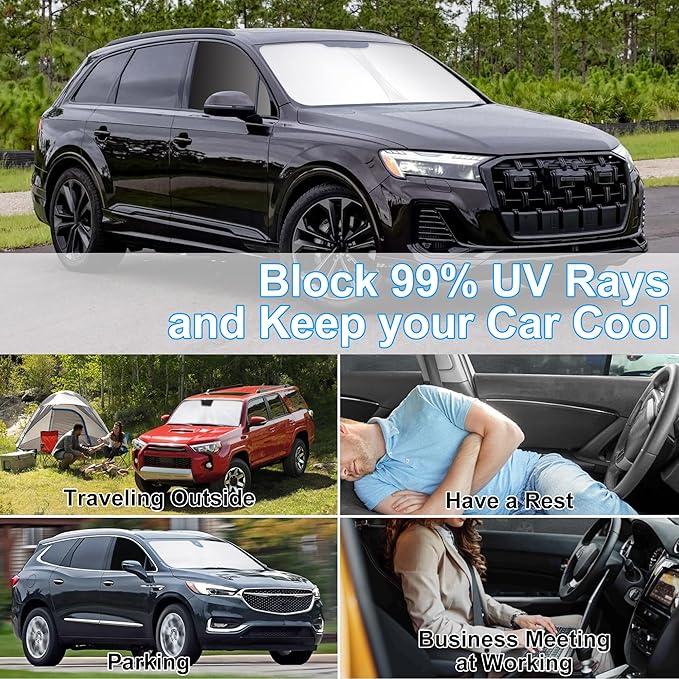 3PCS Car Window Shades Front Windshield Sun Shade Foldable Window Shade Custom Fit for Audi Q7 SUV 2016-2026 Accessories Car Shades for Front Windows Anti-UV Rays Block Heat