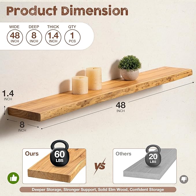 fuqing Live Edge Floating Shelves for Wall 48 inch, 8 Inch Deep Solid Elm Wood Floating Wall Shelves - Rustic Wooden Shelves 