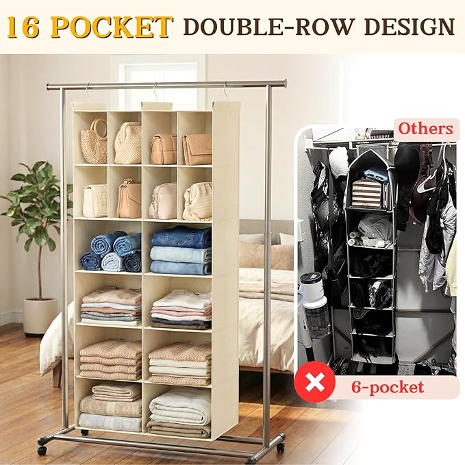 Ofiray-home 6 Tier Hanging Closet Organizer, 16 Compartments Sweater Organizer for Closet with 3 Sturdy Hooks, Closet Organiz