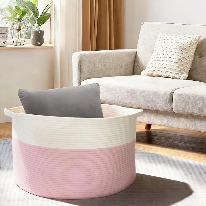 MEGASKET Pink Storage Baskets for Organizing, 22"X22"X14" XXXL Blanket Basket Living Room, Large Toy Basket, Soft Pink Cotton