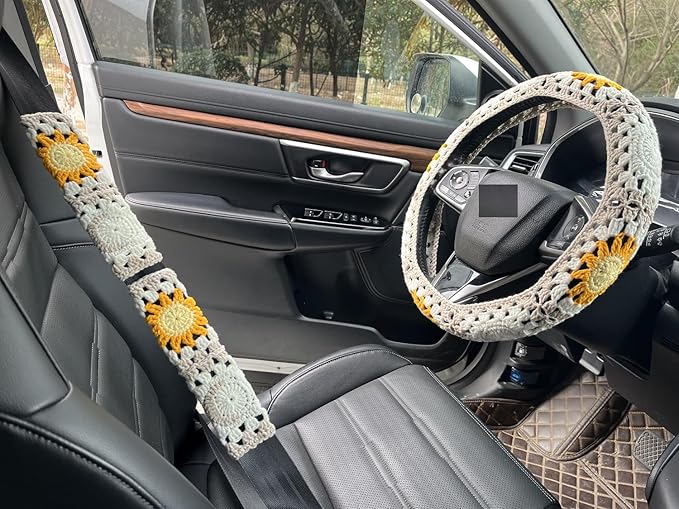 Handmade Crochet Sun Moon Car Steering Wheel Covers Universal 14-15 inch,Cute Steering Wheel Cover,Car Accessories (Steering Wheel Cover+2 Belt Cover)