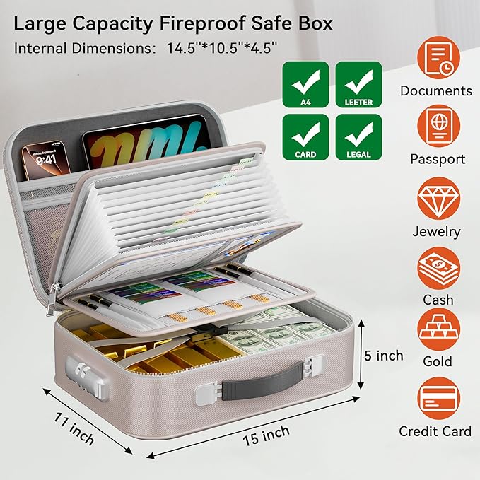 Fireproof Document Box, Hard Case Fireproof Box with Lock, Portable Hard-Shell Fireproof Water Resistant Document Safe for Im