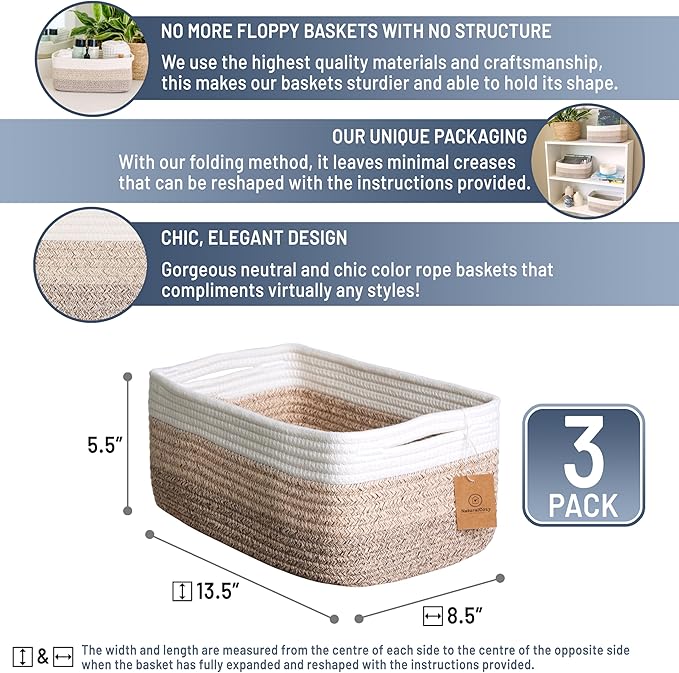 NaturalCozy 13.5”x8.5”x5.5” Storage Baskets for Shelves 3 Pack | Cotton Rope Woven Small Baskets for Organizing | Small Stora