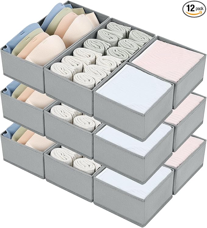 DIMJ Drawer Organizers for Clothing, Set of 12 Dresser Drawer Organizers, Fabric Closet Organizers and Storage, Drawer Divide