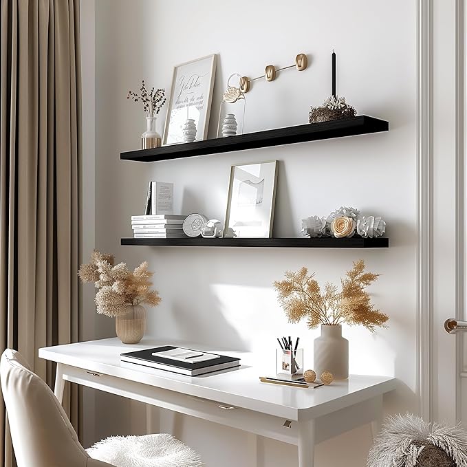 PHPH 48 Inch Wood Floating Shelves for Wall, Wooden Wall Shelves for Bedroom, Set of 4 Black