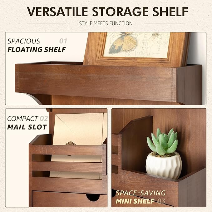 Rebee Vision Farmhouse Key Holder Wall Mount with Drawer Organizer – Pine Wooden Mail and Key Organizer for Wall with 6 Sturd