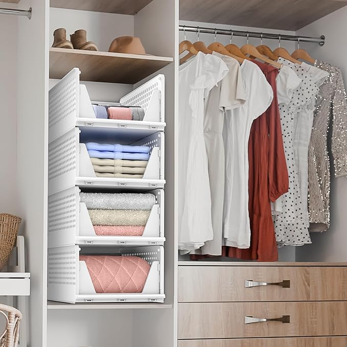 Sorbus 4 Pack Medium Shelf Organizer with Open Front Design Under Shelf for Closet Bathroom Kitchen Garage Plastic Stackable 