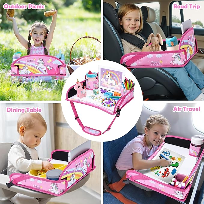 Kids Travel Tray for Toddler Carseat, Road Trip Activities Essentials for Toddler, Kids Lap Desk Tray with Tablet Holder Stand ＆ Dry Erase Board (Pink Unicorn)