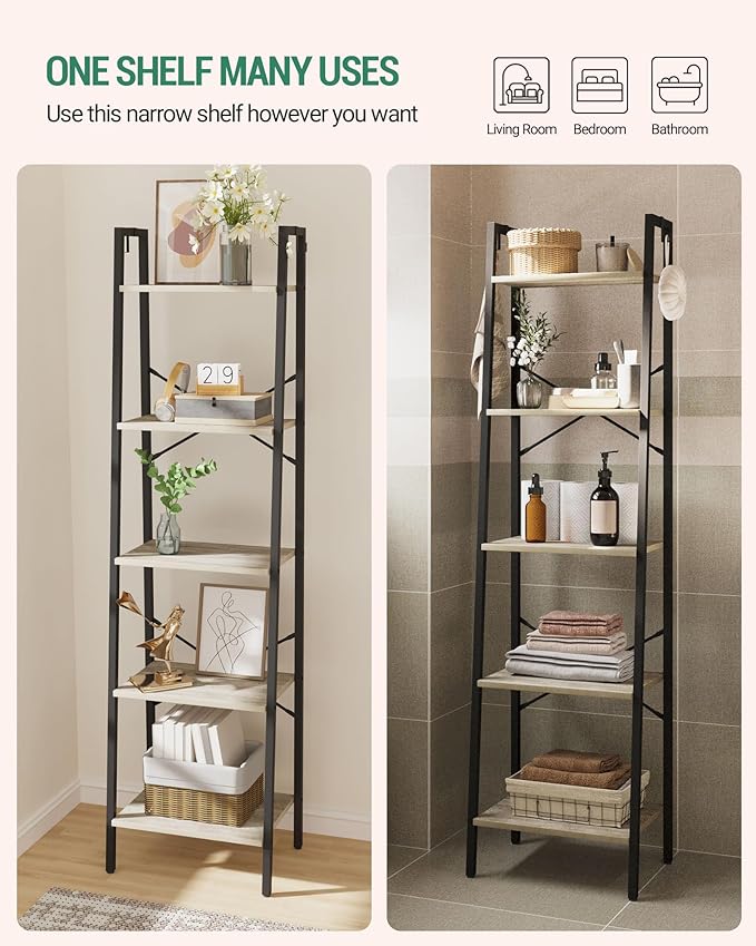 Hzuaneri Ladder Shelf, Bookshelf Bookcase, Freestanding Corner Storage Shelve with 2 Hooks for Home Office, Living Room, Kitc