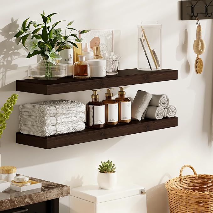 BAMEOS Solid Bamboo Floating Shelves, Set of 2 with Invisible Brackets, Natural Wood Grain Decor for Living Room, Bedroom, Ki