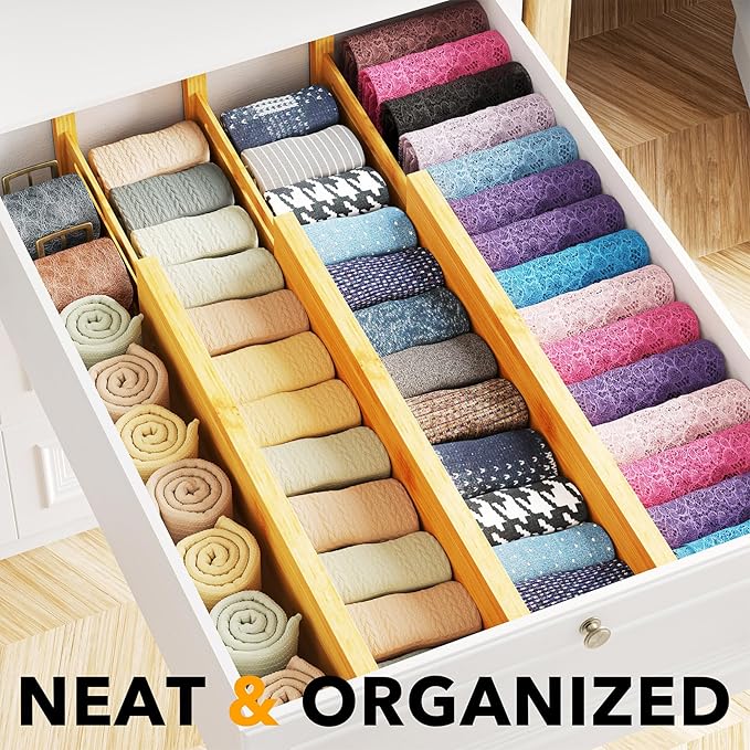 SpaceAid Bamboo Dresser Drawer Dividers 6 Pack, 4.65“ High Adjustable 17“-22” Drawer Organizers, Expandable Organization for 