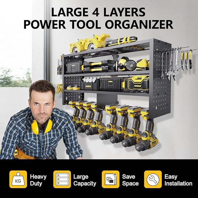 Large Power Tool Organizer Wall Mount, 4 Layer Garage Storage Cordless Tool Organizer with 8 Drills Holder, Heavy Duty Premiu