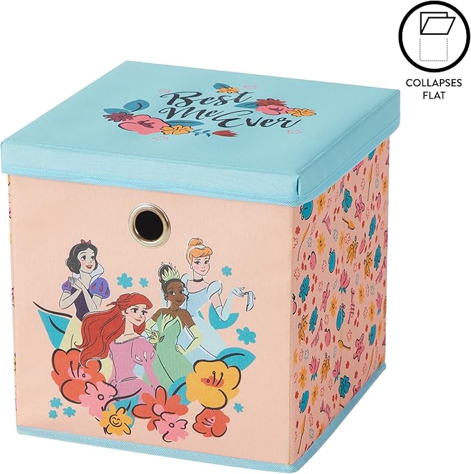 Idea Nuova Disney Princess Collapsible Fabric Storage Cube,10” Organizer Bin with Lid for Bedroom, Playroom, and Closet