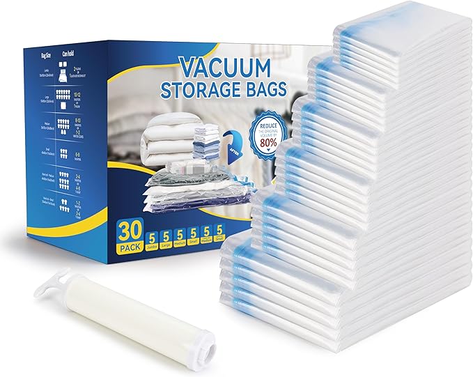 30 Pack Vacuum Storage Bags, Compression Storage Bags, Space Saver Bags for Comforters, Blankets, Pillows and Clothes Storage