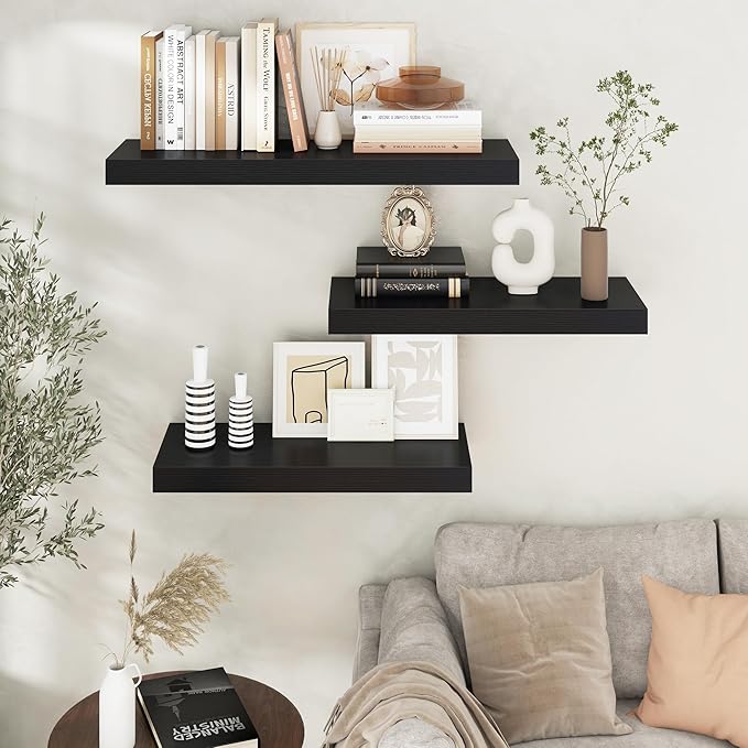 Floating Shelves for Wall, 30" W x 12" D x 2" H, 2 Pack of Long Wall Mounted Engineered Wood Shelves with Invisible Brackets 