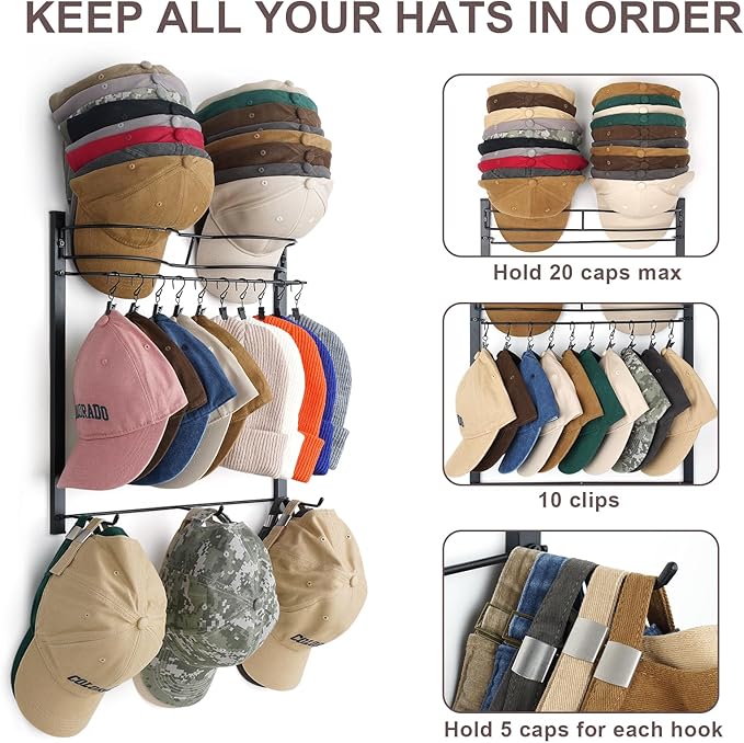 Hat Rack for 45 Baseball Caps with 10 Clips 3 Tier Hat Organizer for Wall Multi-functional Hat Hanger Metal Hat Holder at Clo