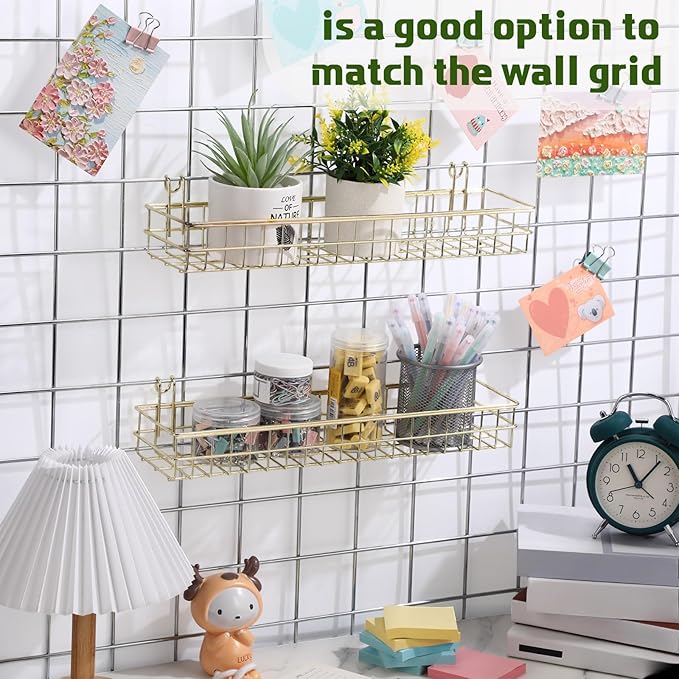 Blulu 4 Pcs Gold Metal Grid Wall Baskets with Hooks Grid Wall Shelves 15.75 x 3.94 x 1.97 Inches Hanging Wire Basket Multi Fu