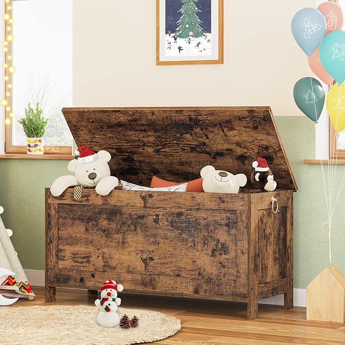 HOOBRO Toy Box, Retro Wooden Look Storage Chest with Safety Hinge, Entryway Storage Bench Supports 220 lb, 39.4 x 15.7 x 18.9