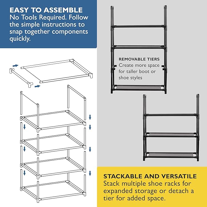 Sundaze Shoe Rack - 4 Tier Shoe Rack for Closet, Sturdy Stackable Shoe Organizer for Closet, Bedroom, Entryway, Garage, Non W