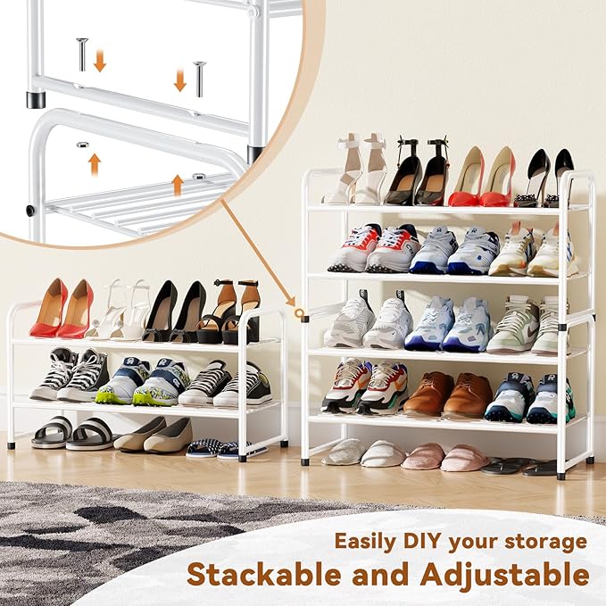 Shoe Rack 2 Tier, Closet Shoe Organizer Shelf Stackble, Heavy Duty Metal, White