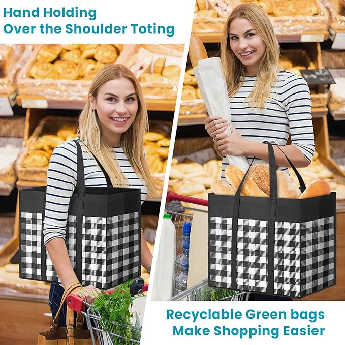WOWBOX Reusable Grocery Bags,10-Pack, Foldable Reusable Shopping Tote Bags bulk with Reinforced Handles,Large Storage Bags with Water Resistant Coating for Groceries,Multipurpose,Black-White